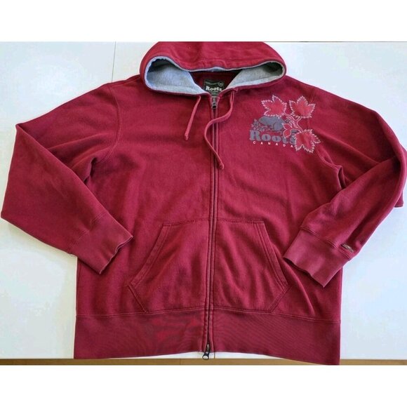 Roots Hoodie Men L Red LS 2 Way Zip Pockets Maple Leaf Beaver Embroidery Canada - Picture 14 of 15